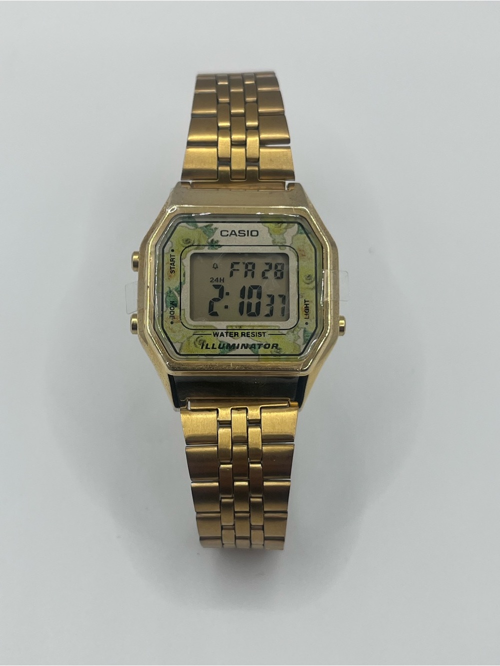 Casio retro Gold Stainless Digital Bracelet Watch with Green Dial Accents
